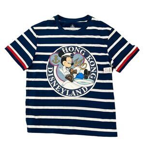 Disneyland Hong Kong Adult Blue Striped Mickey Mouse Logo Tee Shirt NWT